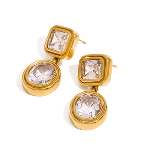 Elegant gold stainless steel drop earrings featuring square and oval white zircon stones