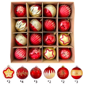 Set of 16 red and gold Christmas ornaments including glitter, matte, and painted balls