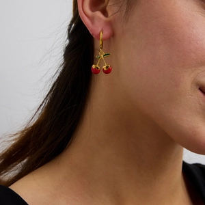 18K gold plated stainless steel cherry drop earrings with red enamel and green leaves