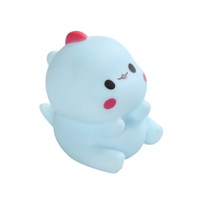 Cute blue vinyl dinosaur toy for children with pink horns and soft rubber texture