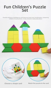 Detail of wooden geometric puzzle blocks forming a school building with guide cards