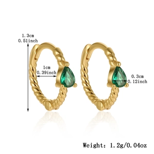 Detail of twisted gold hoop earrings with green pear-shaped zircon and exact dimensions