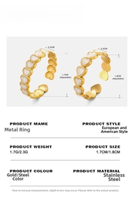 Detailed size specifications for adjustable heart ring in 18K gold and steel finishes