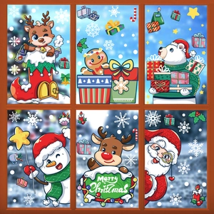 Christmas Window Stickers PVC Static Cling Double Sided Reusable Cartoon Santa Snowman Reindeer For Holiday Party Decoration