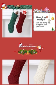 Detail of cable knit Christmas stockings with hanging loops in red, green and cream colors