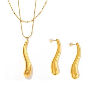Golden stainless steel jewelry set featuring a curved waterdrop necklace and earrings