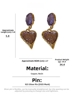 Macro detail of vintage heart earrings showing resin texture and 925 silver post size