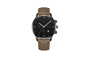 Detail of Geneva quartz watch with black dial, Roman numerals, and brown leather strap