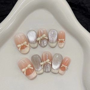 Handmade Press On Nails Silver Glitter White French Tip Resin Bow Coffin Artificial False Nails Ballet Style