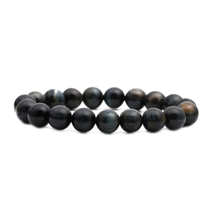Blue Tiger Eye stone beaded bracelet with natural shimmering texture on white background