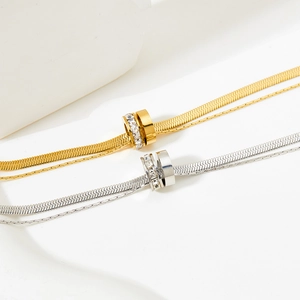 Double-layer stainless steel snake chain necklace with sparkling crystal ring pendant