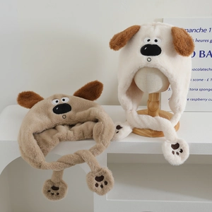 Funny cartoon puppy plush hat with long ears and paw prints in white and brown
