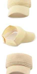 Detailed views of cream yellow knitted sun visor hat showing breathable mesh texture