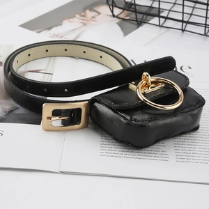 Minimalist black PU leather belt with mini pouch and elegant gold ring buckle for women