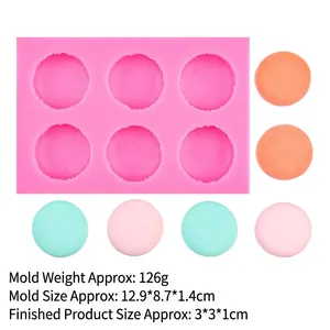 6-cavity macaron silicone mold with product weight and dimensions for baking and DIY soap