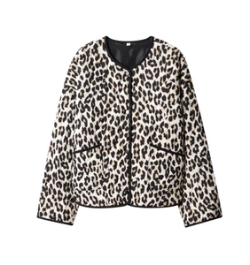 Detail of leopard print quilted jacket with round neck and front button closure