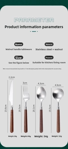 Close-up of 304 stainless steel cutlery set with walnut handles showing size specifications