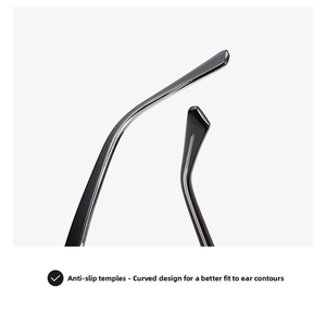 Detail of ergonomic black non-slip sunglasses temples with curved design for comfort