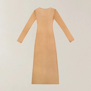 Flat lay of a slim-fit khaki long-sleeved ribbed dress with detailed knit fabric texture