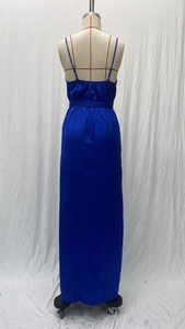 Detail of royal blue satin evening gown featuring draped back and thin shoulder straps