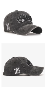 Detail of 3D Always 75 embroidery on charcoal washed cotton vintage baseball cap