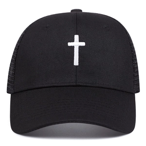 Classic black trucker hat with white cross embroidery and breathable mesh back