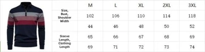 Men's slim fit knit sweater size chart showing measurements for M to 3XL sizes