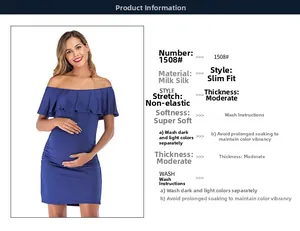 Detail of off-shoulder maternity dress in soft milk silk fabric with ruffle neckline