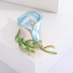 Elegant blue enamel flower brooch with green leaf and sparkling crystals for women