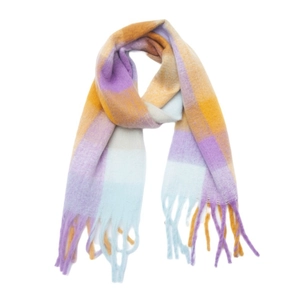 Detail of colorful plaid scarf showing thick fringe and soft boucle texture in purple and blue