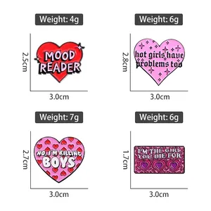 Broches cœur en émail rose avec slogans hot girls have problems too et mood reader