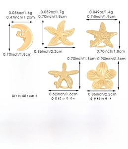 Detailed dimensions and weight for alloy starfish moon and sun clip-on earrings
