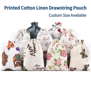 Cotton Linen Drawstring Pouch Bags Printed Jewelry Storage Bags Vintage Style Gift Packaging For Wedding Party Favors