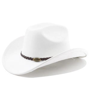 Detail of white western cowboy hat with brown braided band and bull head metal buckle