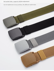 Detail of nylon tactical belts showing no-hole design and stepless adjustment buckle