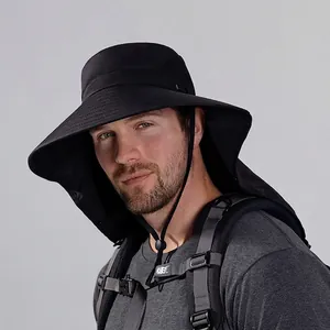 Black outdoor sun protection hat with wide brim and neck flap for hiking and fishing
