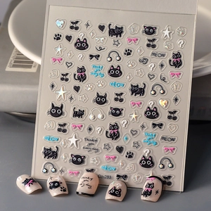 5D Embossed Nail Art Stickers Cartoon Black Cat Design Waterproof Self Adhesive Manicure Decals Cute Style For Women