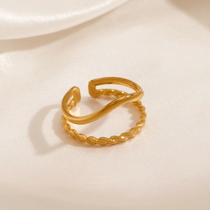 Layered Wave And Twisted Rope Open Adjustable Ring Gold Plated Stainless Steel Niche Design For Women