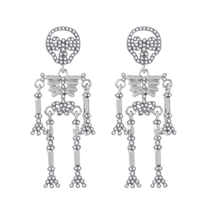 Silver skull skeleton earrings with white crystals and bows for Halloween party