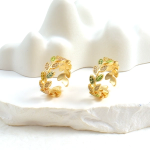 Leaf Vine Open Adjustable Ring Copper 18K Gold Plated Enamel Zircon Nature Vintage Style Jewelry For Women