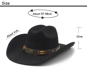 Detailed size chart for black suede cowboy hat with 9cm brim and 57-58cm head circumference