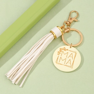 Chic MAMA tassel keychain with white leather, gold alloy clip, and leopard print charm