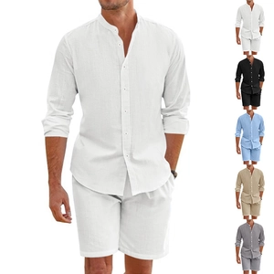 Men Casual Shirt And Shorts Linen Blend Stand Collar Long Sleeve Summer Beach Breathable Minimalist Loose Fit