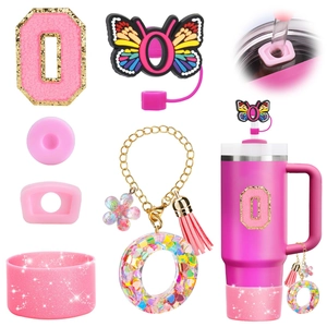 Pink accessories set for 40oz tumbler with resin butterfly straw cap and tassel charm