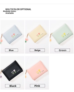 Close-up of minimalist bi-fold wallets with floral prints and heart pendant in five colors