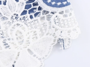 Close-up of intricate white lace embroidery details stitched on blue denim jacket fabric