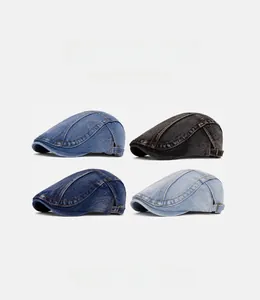 Detail showing four wash colors of denim beret hats with adjustable side metal buckles