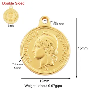 Detailed specs of a 12mm gold plated brass coin pendant with embossed figure and crest