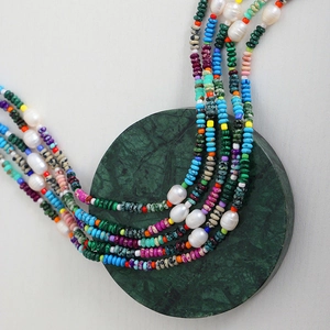 Rainbow turquoise and freshwater pearl handmade layered necklace with gold plating