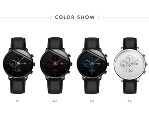 Four styles of men's quartz watches with multi-dial display and black leather straps